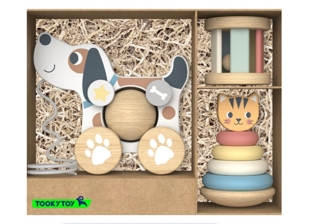 3 In 1 Gift Box: Rattle, Stacking Tower and Pull-Along Puppy