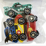 Packaged toy race rods with colorful designs on a white background