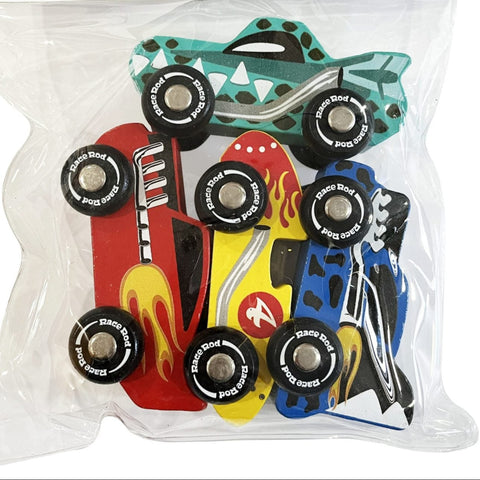Packaged set of wooden race rod toys with colorful designs on a white background
