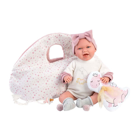 Llorens - Baby Girl Doll With Clothing, Accessories & Laughing Mechanism: Mimi with Dino Carrycot-42cm