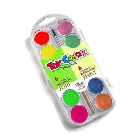 Duo set of 6 Fluorescent & 6 Pearly Watercolours with Brush