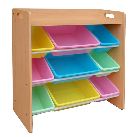 Toy Storage Rack With Top Board: Natural Wood 9 Bin Pastel