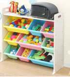 Toy Storage Rack With Top Board: White Wood 9 Bin Pastel