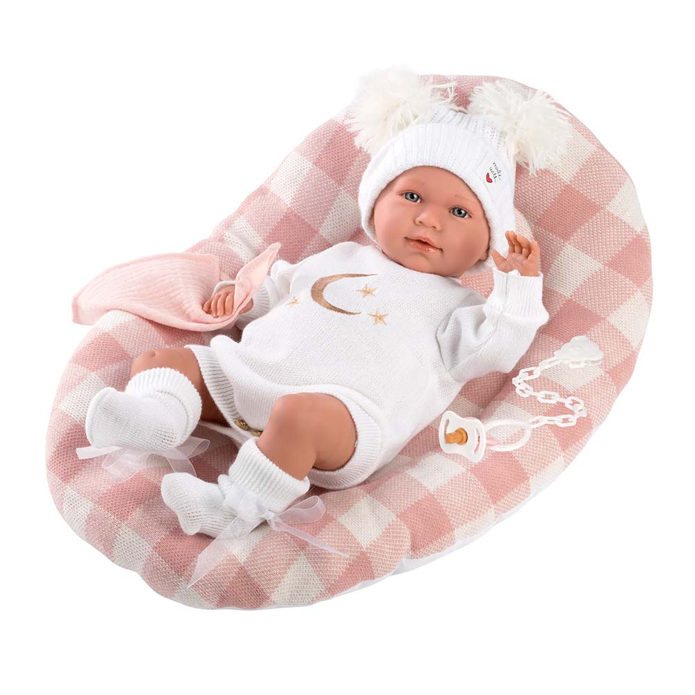 Llorens - Baby Girl Doll With Clothing, Accessories & Crying Mechanism with Bed Cushion: Mimi 42cm