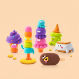 Clay dessert characters with a softer warm peach background