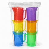 Colourful measuring jugs with the packaging stickers removed