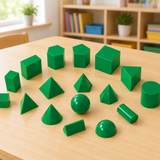 Green geometric solids on a classroom desk