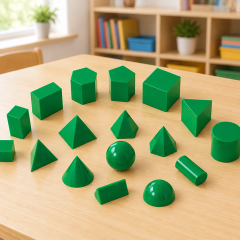 Green geometric solids on a classroom desk