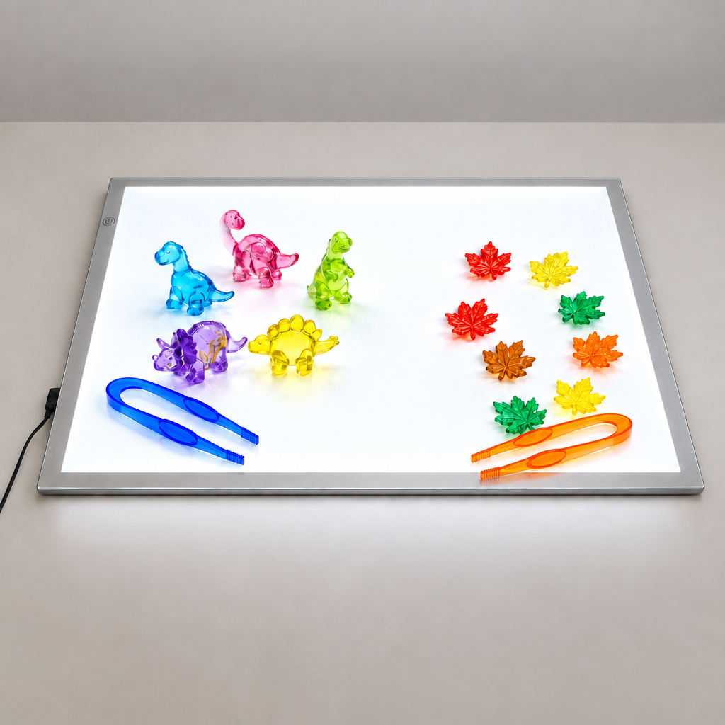 Illuminated A2 light panel with dinosaur and leaf counters and translucent tweezers
