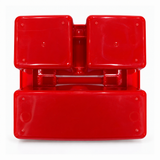 Red caddy with both white labels removed
