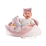 Llorens - Baby Girl Doll With Clothing, Accessories & Laughing Mechanism: Mimi with Dino Carrycot-42cm