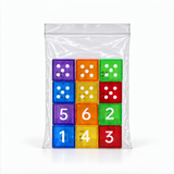 Translucent dice packaging with front stickers removed