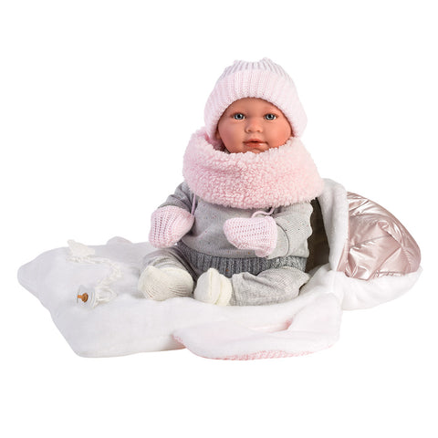 Llorens Dolls: Baby Girl Mimi Doll with Metallic Baby Carrier Carrycot 42cm